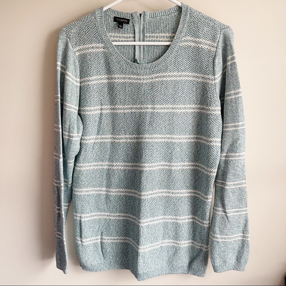 Talbots Blue Stirped Chunky Zipper Back Sweater